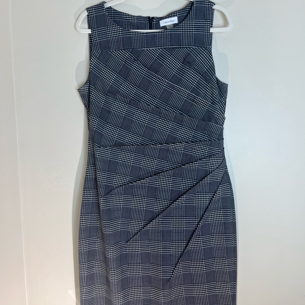 Calvin Klein Black and White Pleated Sheath Dress